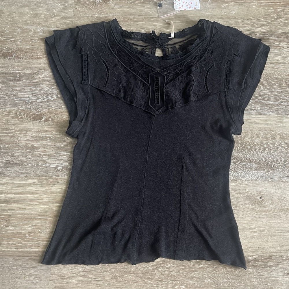Free People Babydoll Top Black SM Linen Blend Cut Out Embroidered Flutter Sleeve